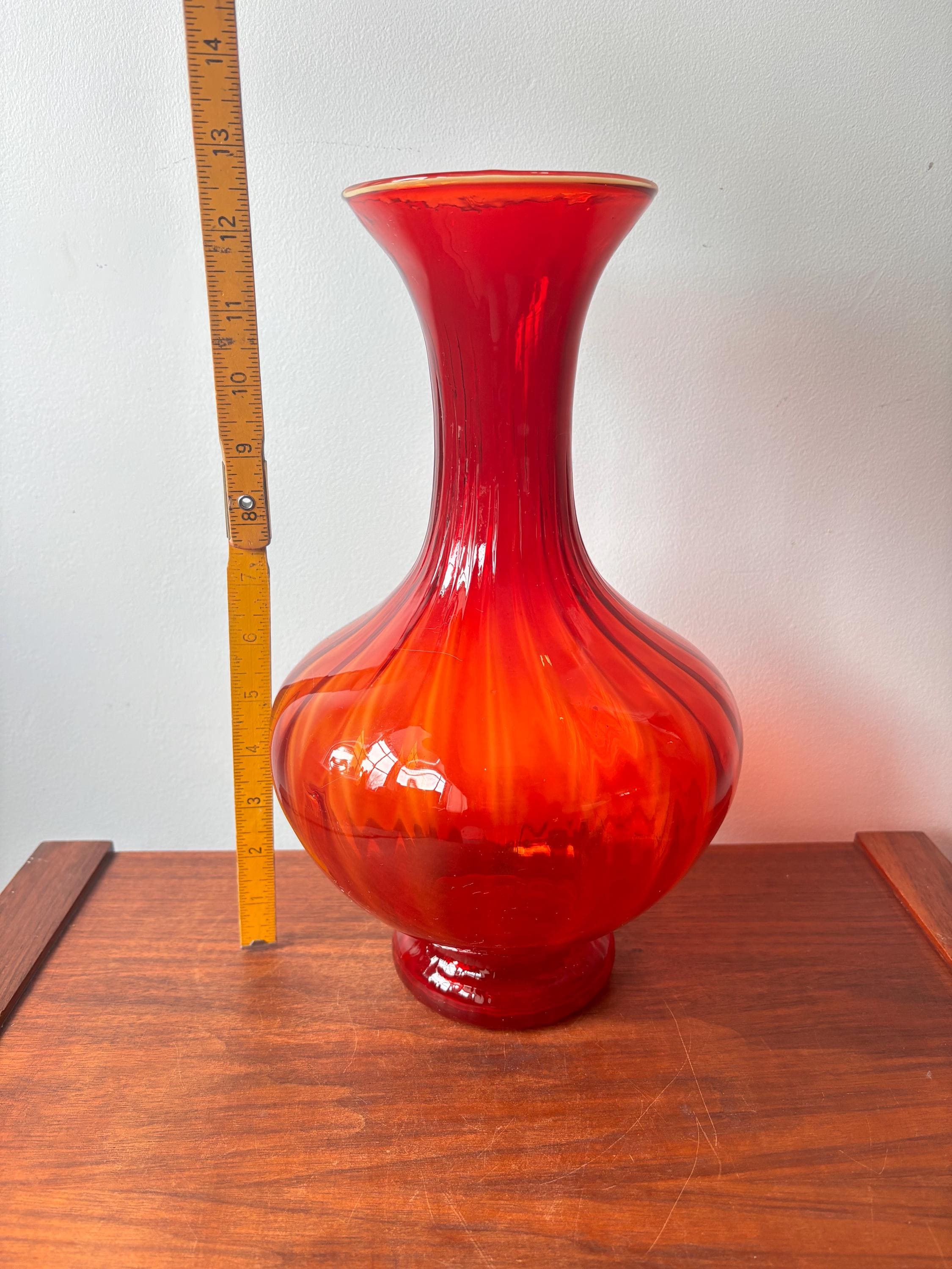 Vintage Ruby Red Amberina Hand Blown Empoli Italy Fluted Swirl
