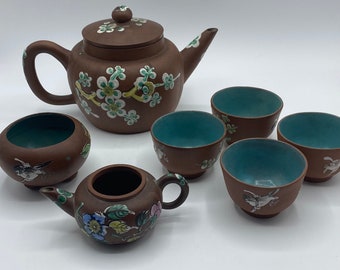 Antique Chinese Republic Yixing Tea Set Teapot with Enamelled Hand Painted Flowers and Birds, Zisha ware Teapot 19th Century