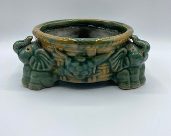 Majolica 3 Olifant Planter Bowl Trunks Up Vintage Groen Geglazuurde Vintage Jaren 1940 Mid Century Art Deco,