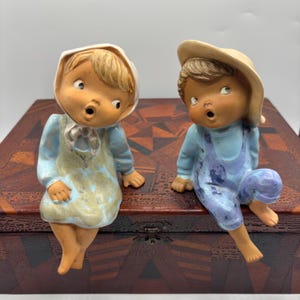 Vintage Red Clay Shelf Sitters: Kissing Boy and Girl Figurines, Japan