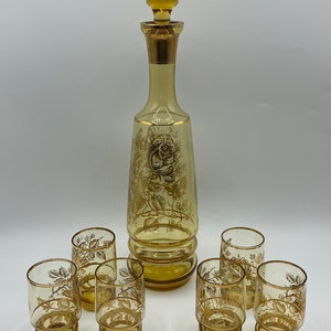 Mid Century Czech Glass Hand Blown Amber Gold Floral Pattern Liquor Wine Decanter With Stopper & 6 Glass Set