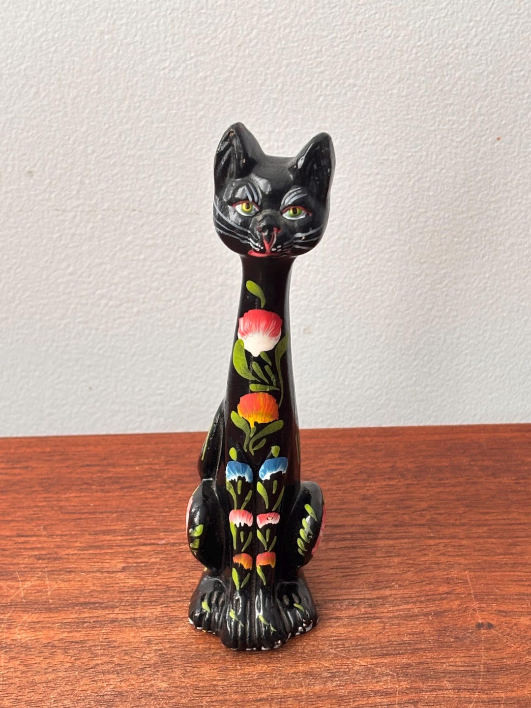 Vintage Black Long Neck Small Pottery Cat Fait Main Figurine With