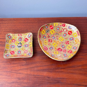 Vintage Americana Cigar Band Labels Folk Art Ashtray Bar Small Dishes Set of 2