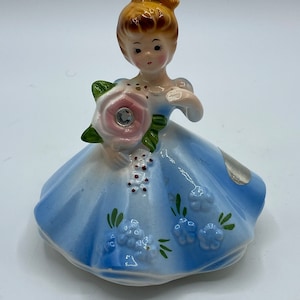 Vintage Josef Originals April Month Diamond Lady Dressed in Blue Gown Holding Pink flower
