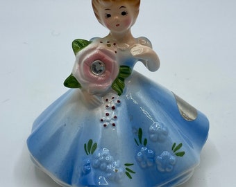 Vintage Josef Originals April Month Diamond Lady Dressed in Blue Gown Holding Pink flower