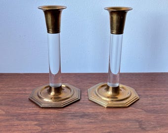Vintage MCM Brass & Lucite Candlestick Holders Set of 2