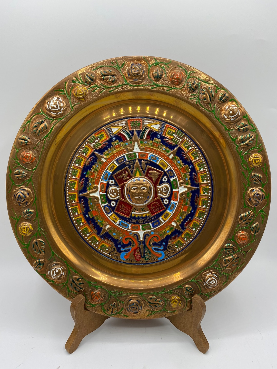 Aztec Calendar, Copper Brass Aztec Calendar Plate, Aztec Sun Calendar Colorful Hanging Wall
