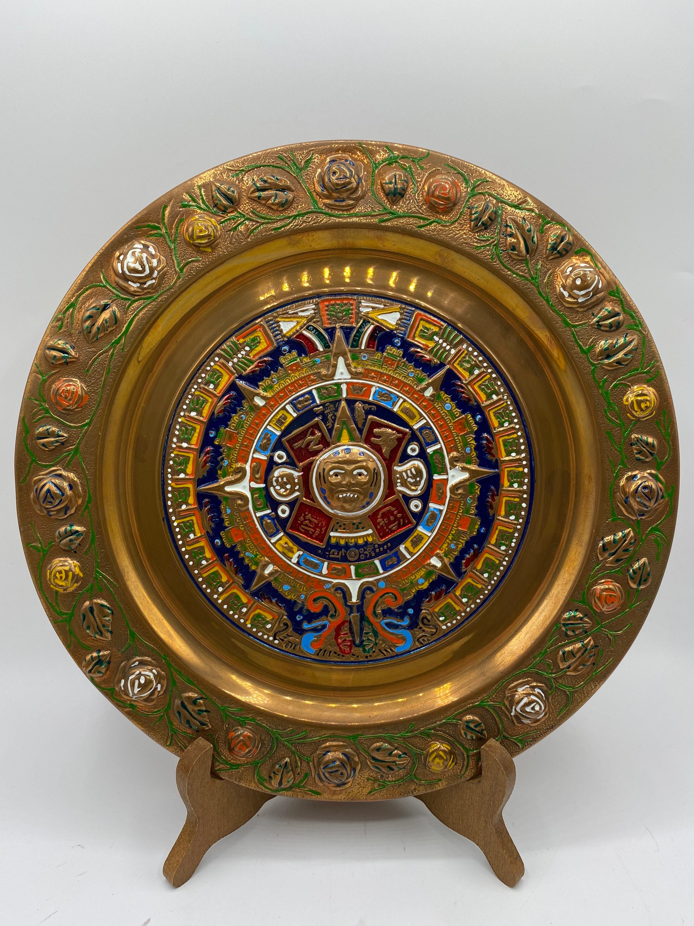 Aztec Calendar, Copper Brass Aztec Calendar Plate, Aztec Sun Aztec Calendar, Copper Brass Aztec Calendar Plate, Aztec Sun