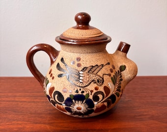 Théière vintage en poterie Tonala : motif d'oiseau d'art populaire mexicain peint à la main