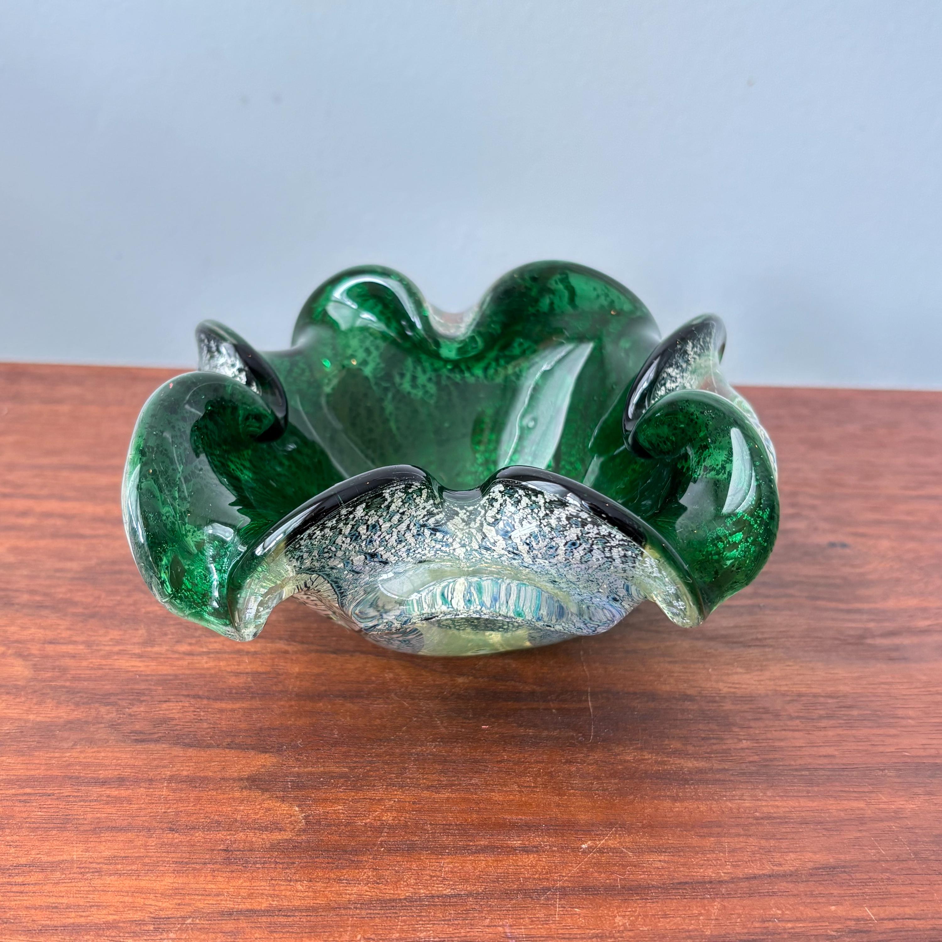 Vintage Murano Green Art Glass Bowl Ashtray Silver Aventurine