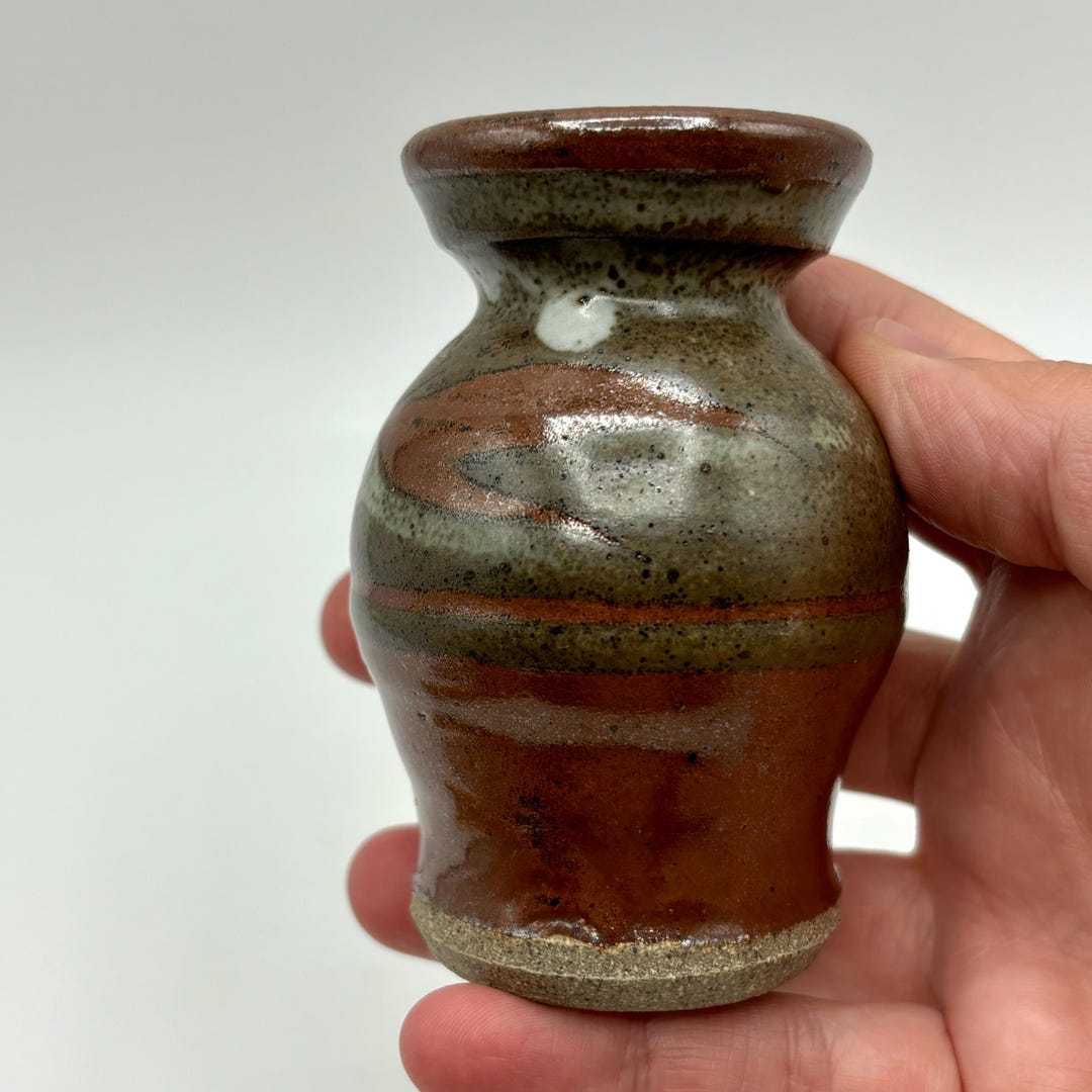 Vintage Studio Pottery Iron Oxide Bud Vase Artist Signed 3.5