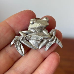 May include: A silver-toned metal brooch shaped like a frog. The frog is depicted in a seated position with its front legs resting on its knees. The surface of the metal has a textured, matte finish with visible details on the eyes and limbs.