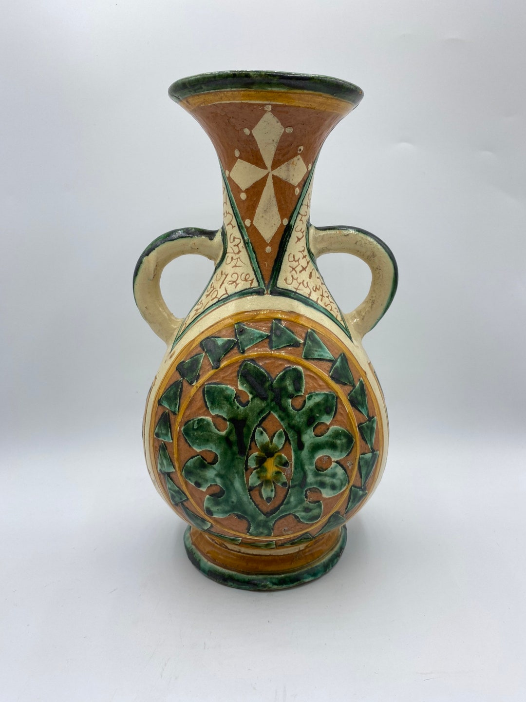 Vintage Italian Majolica Glaze Red Clay Two Handled Vase Etsy