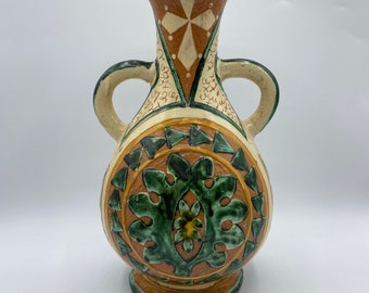 Vintage Italienische Majolika Glasur Roter Ton Vase mit zwei Griffen