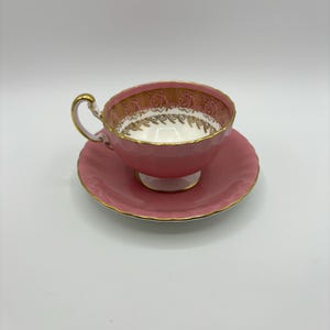 Vintage Aynsley England Pastel Rose Pink and Gold Filigree Tea Cup with Saucer, Aynsley Bone China Tea Cup