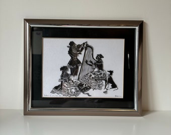 Vintage Scherenschnitte Silhouette: Harp & Violin Duo, Signed Wall Art