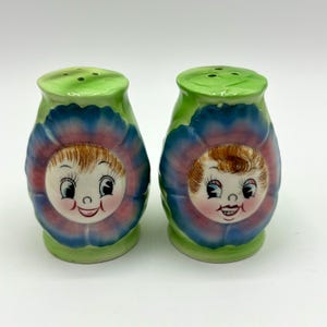 Vintage RARE PY Japan Anthropomorphic Smiling Blue Cabbage Rose Flower Salt and Pepper Shakers