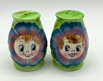 Vintage RARE PY Japan Anthropomorphic Smiling Blue Cabbage Rose Flower Salt and Pepper Shakers