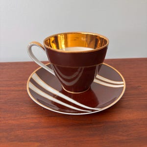 Midcentury Krokus Cmielow Brown White Stripe Porcelain Coffee Demitasse Cup & Saucer by Wincenty Potacki for Ćmielów, Poland, 1960s