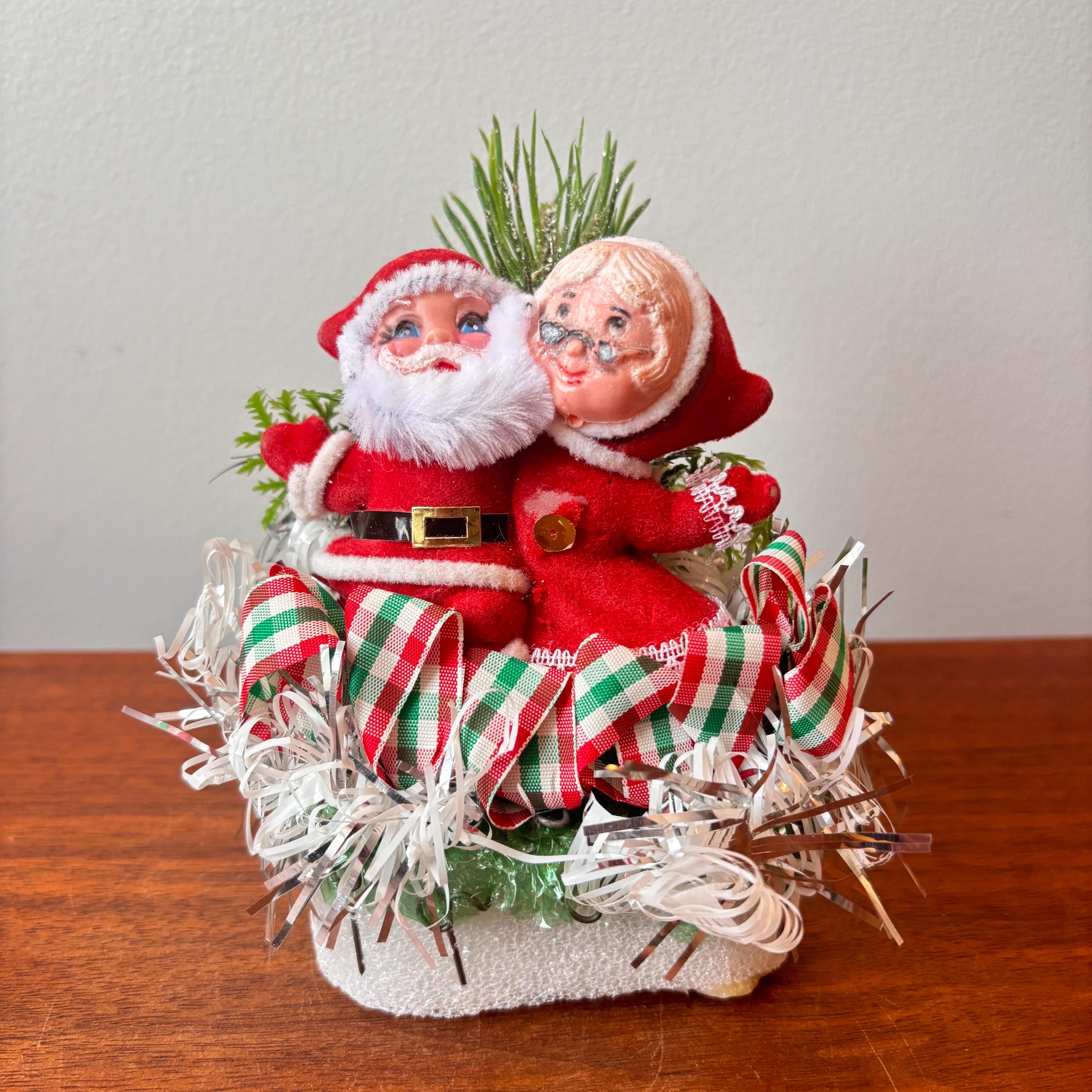 Vintage Japanese Flocked Kissing Santa Claus & Mrs. Claus Figurine