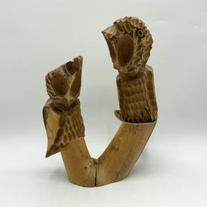 Vintage MCM Wooden Hand Carved Owl Statue on Driftwood Figurine Artist Signed OOAK Sculpture
