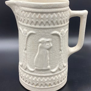 Antique 1920&#39;s Stoneware Pottery Pitcher Jug, Robinson Ransbottom Pitcher &quot;Lady with Lyre&quot; Raised Relief 8.5&quot;, Antique Farmhouse Decor