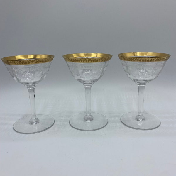 Vintage Tiffin Francisan Gold Trim Needle Etched Cordial Glasses Stemware, Cordial Stemware Glasses with Scroll Pattern Set of 3