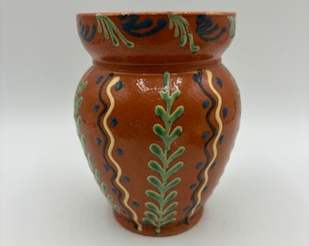 ヴィンテージ 1980年 コシフ陶器花瓶 – 手描き花動物装飾 / 黄緑茶