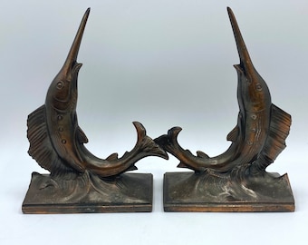 Vintage MCM Bronze Swordfish Bookend, Sculpted Bronze Sailfish Marlin Fish, Nautical Bookshelf Decor