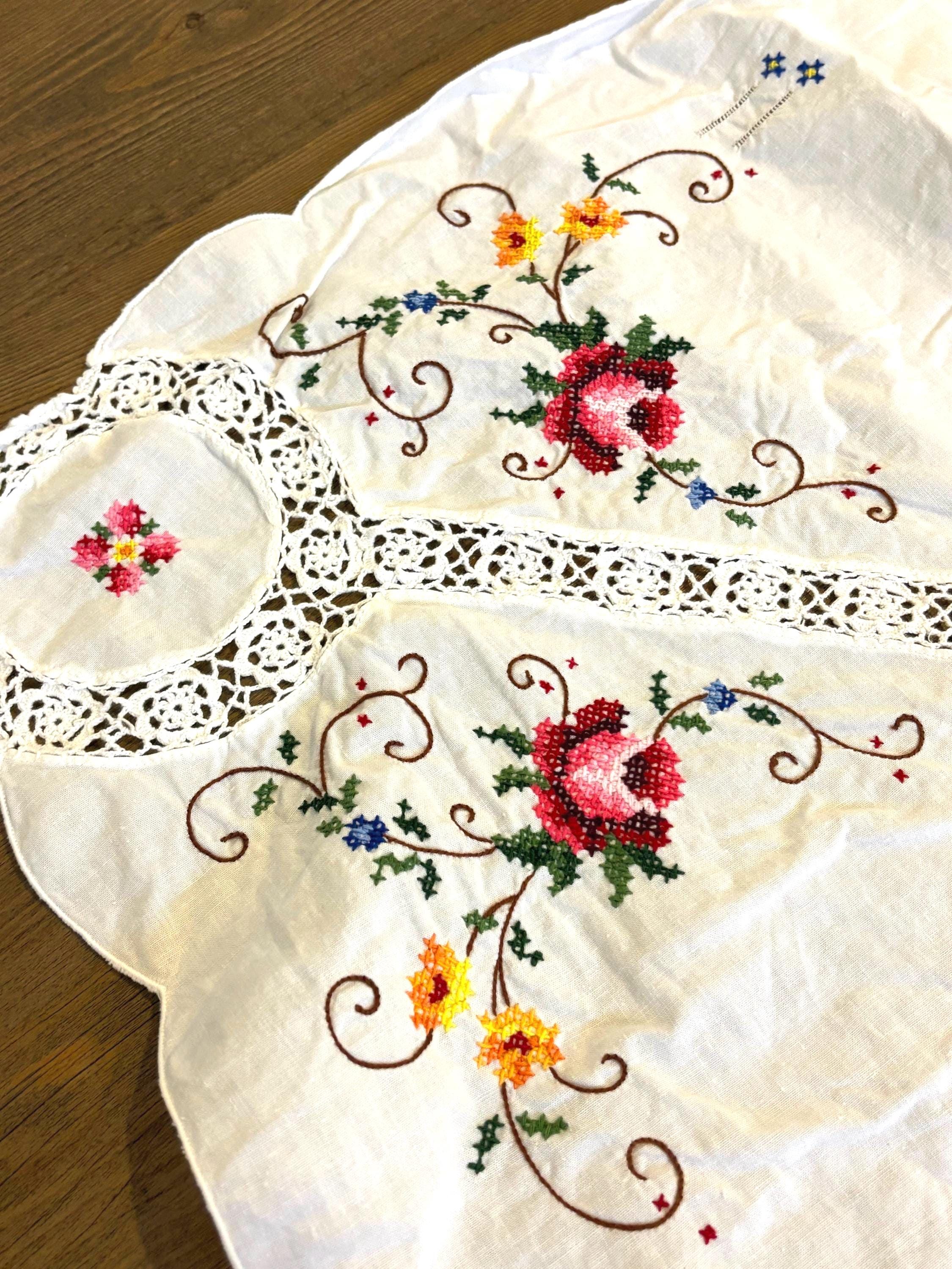 Vintage Swiss Embroidered Tablecloth: Pink Floral Cross Stitch