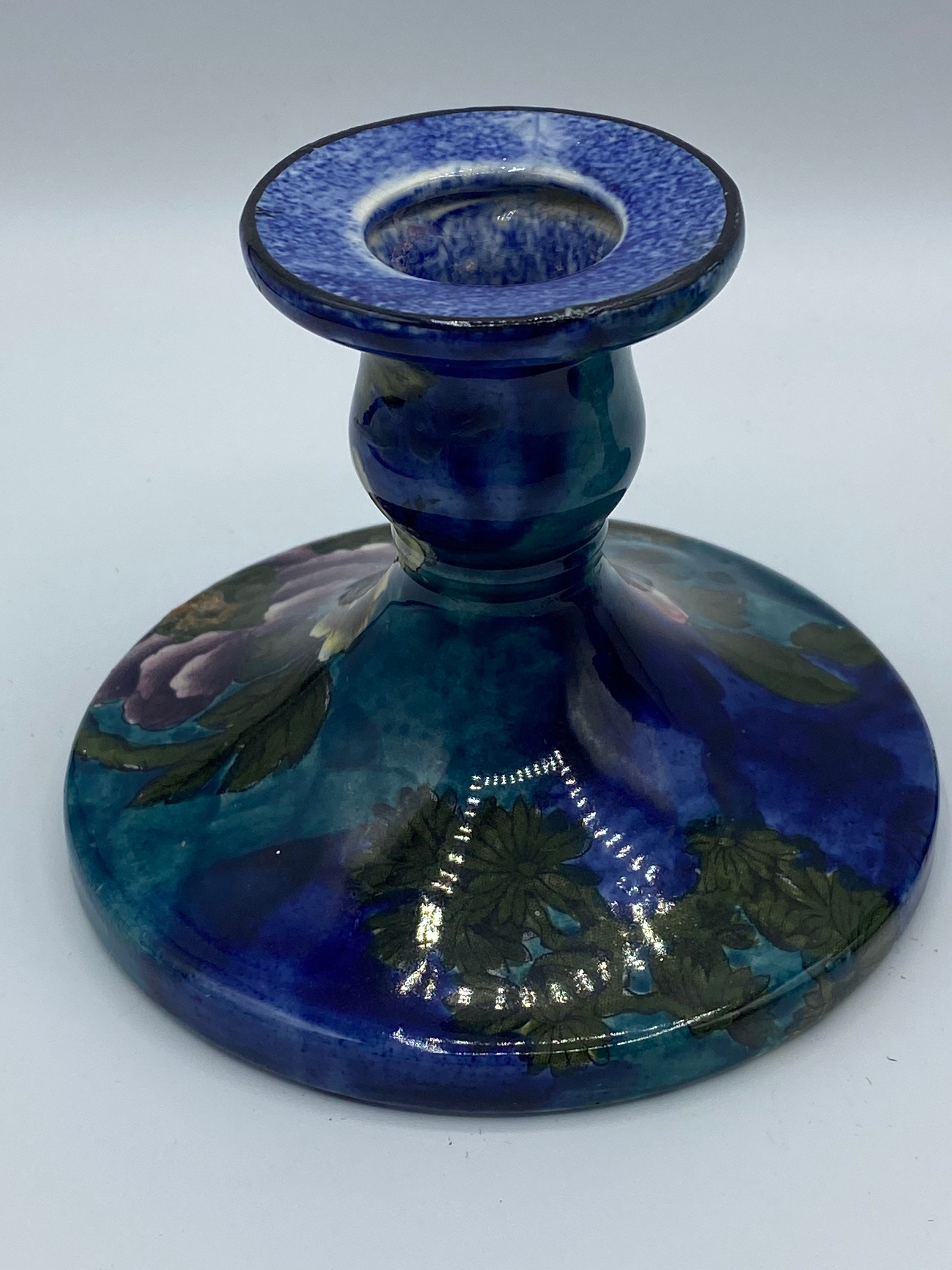 1940年代　アメリカ製ガラス製 八角形 キャンドルホルダー貴重なブルー アンティーク コロナウェア フローラルキャンドルホルダー：ハンコック