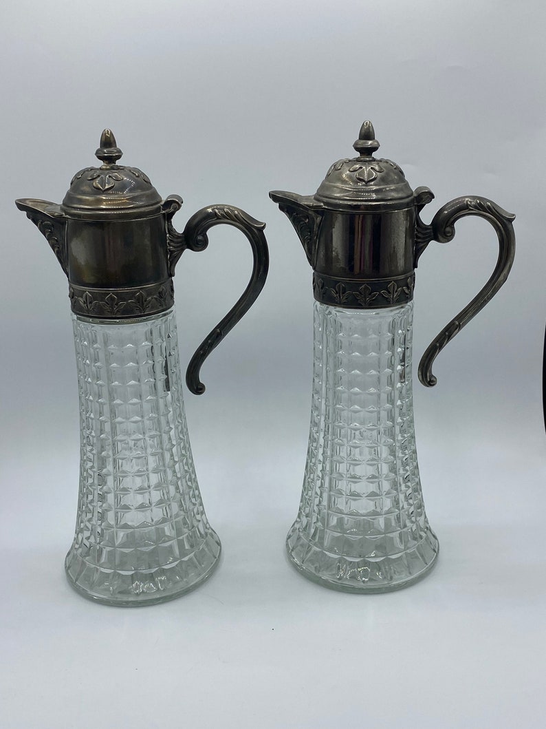 Vintage Primose Italy Silver Plate Cut Crystal Wine Pitcher Set of 2 - Etsy