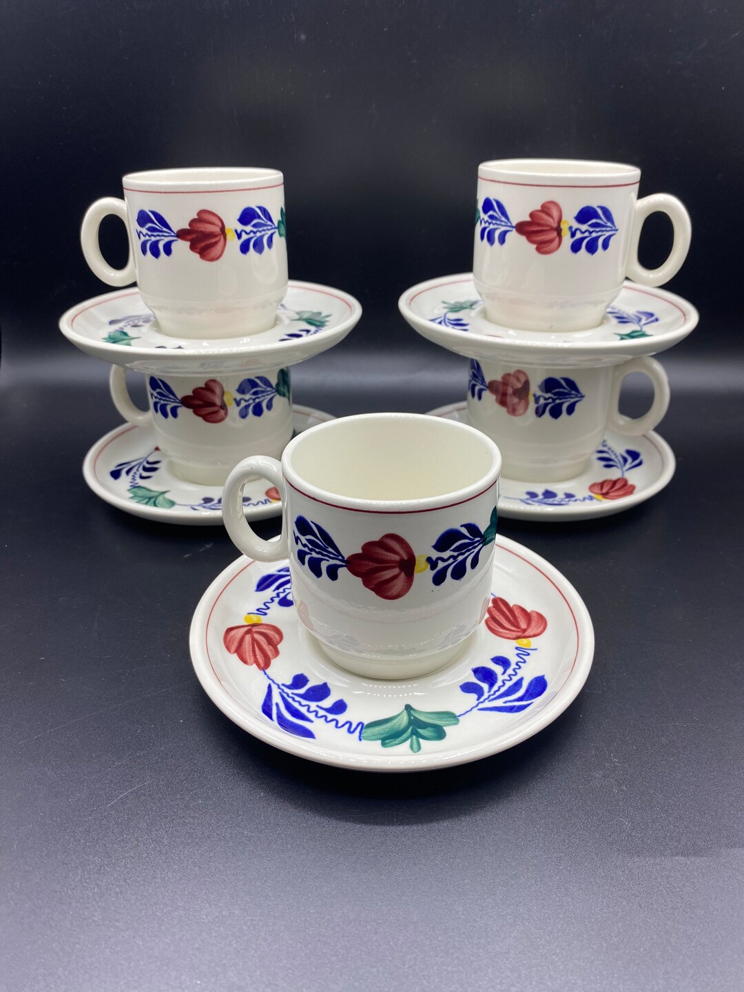 Vintage Royal Boch Boerenbont Gingham Set of 5 Coffee Cups and Saucers ...
