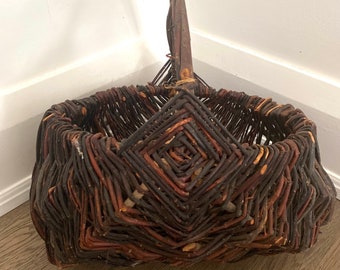 Vintage Woven Branch Egg Gathering Basket: Primitive Signed Wicker with Wood Handle