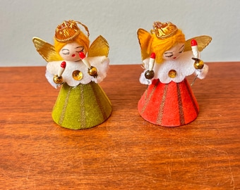 Vintage 1950s Spun Cotton Paper Girl Angel Tree Ornament, Angel Putz Style Ornaments holding Candlesticks, Vintage Japan Ornaments Set of 2