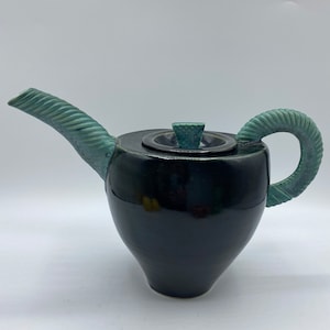 Vintage Studio Art Pottery Teapot: Two-Tone Green, Textured Handle, Artist Signed