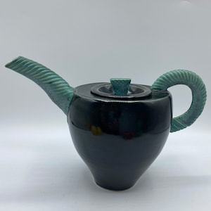 Vintage Studio Art Pottery Tea Pot Two Tone Green with Textured Twisted Handle and Spout Artist Signed