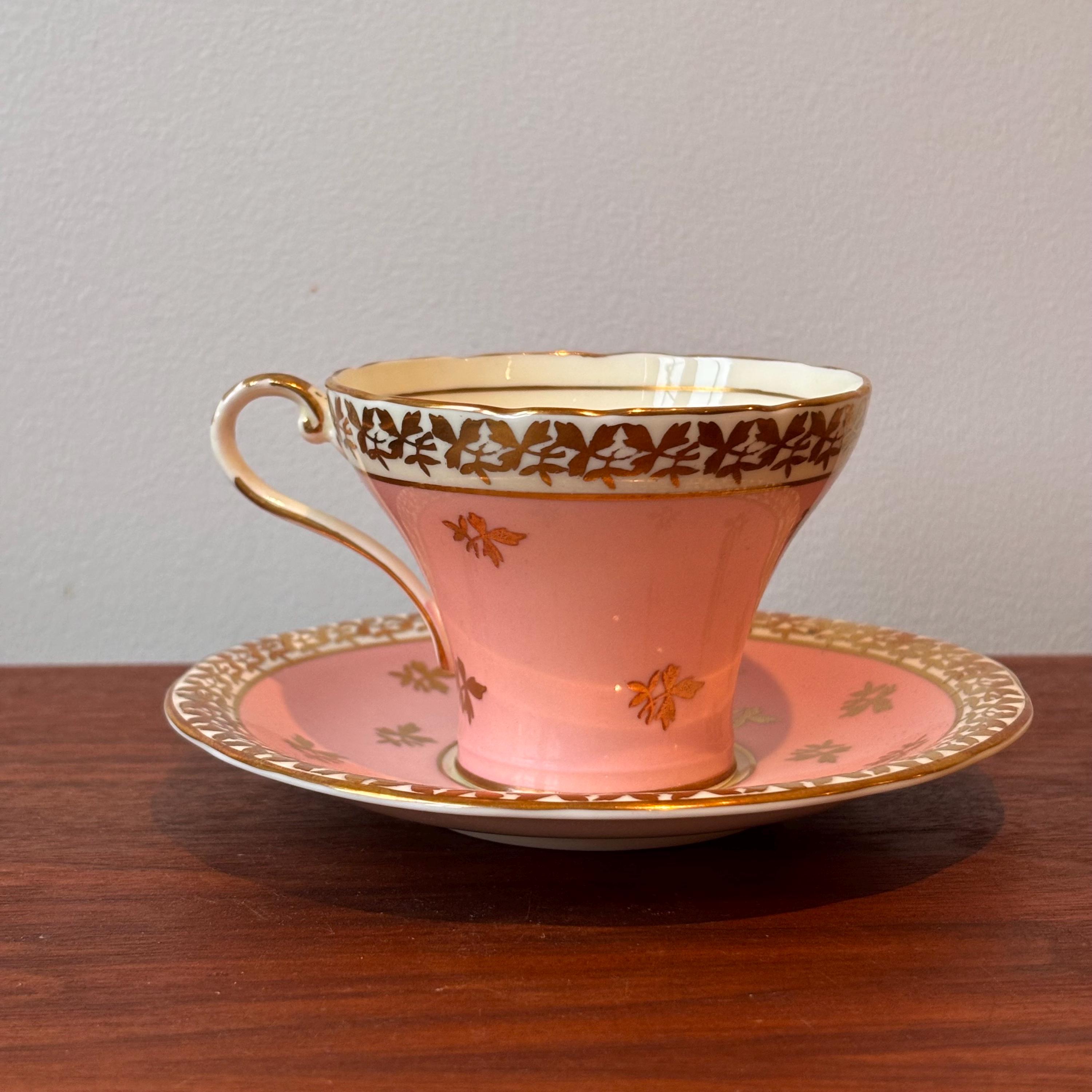 Vintage Aynsley Bone China Corset Tea Cup, Peach Pink & Gold Set