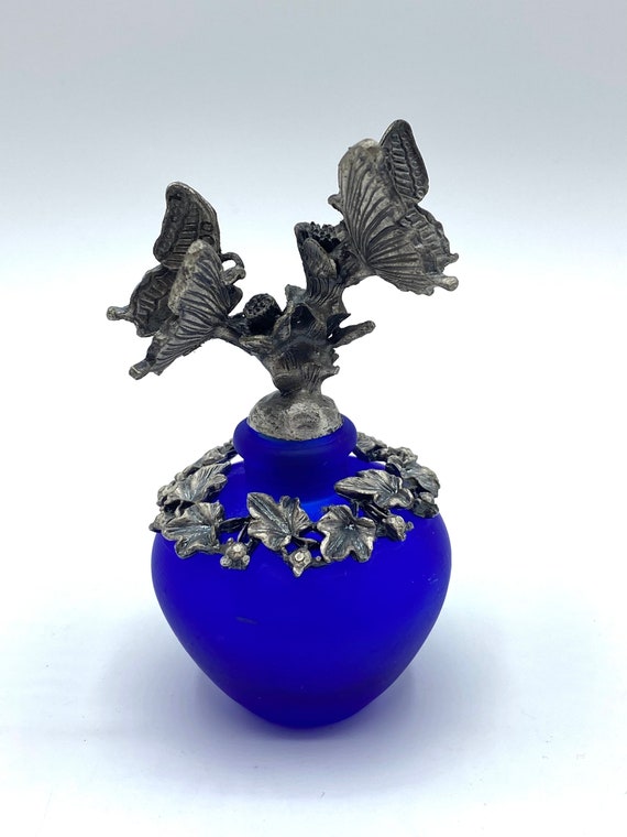 Vintage Cobalt Blue Glass Perfume Bottle with Pewt