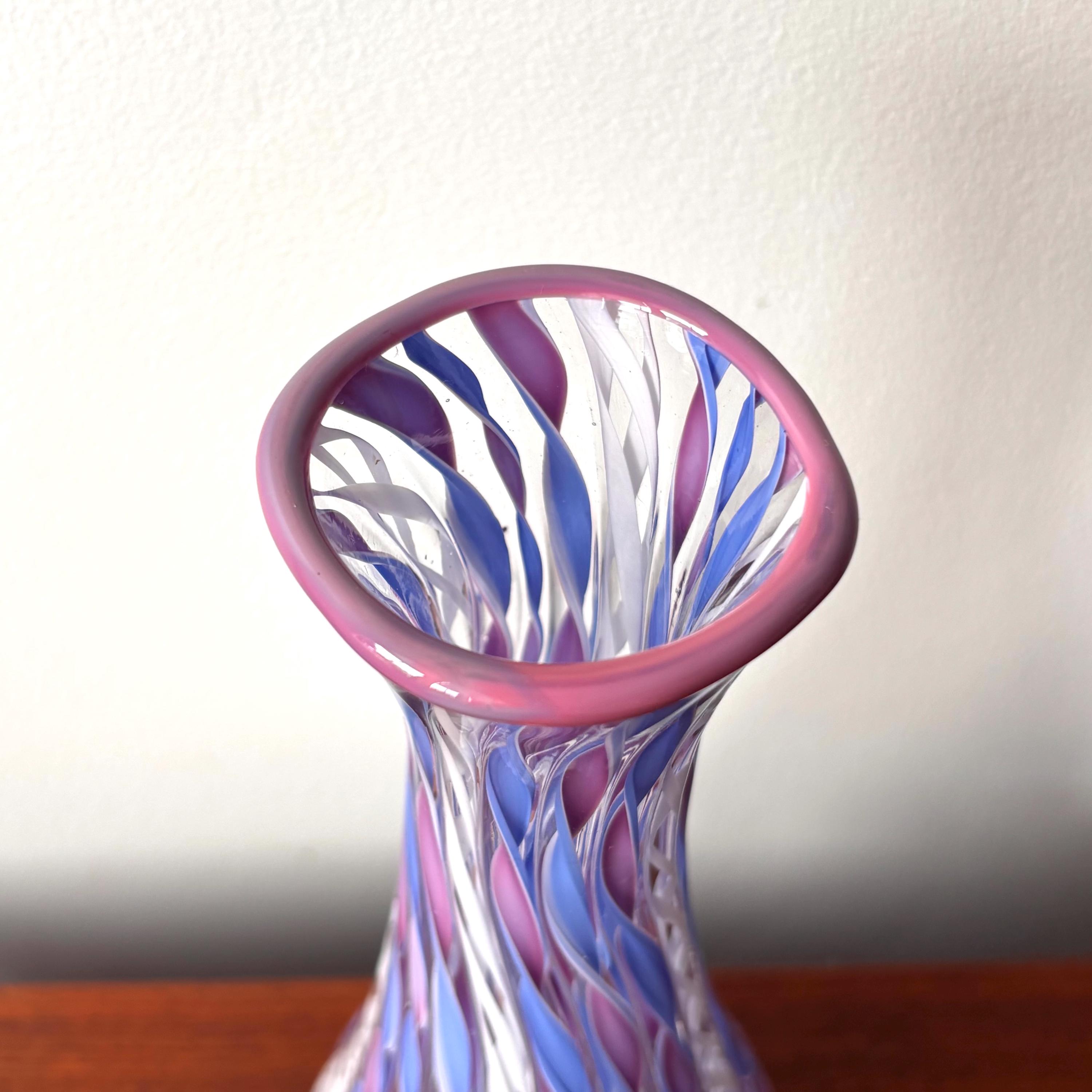 ヴィンテージ ムラーノ アートガラス 花瓶：ピンク、パープル、ブルー