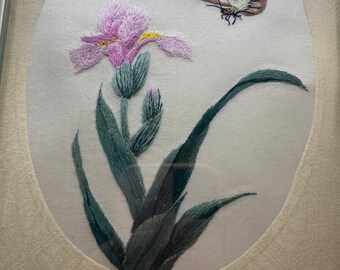 ヴィンテージ オリエンタル シルク 花と蝶の刺繍 針仕事 アートワーク