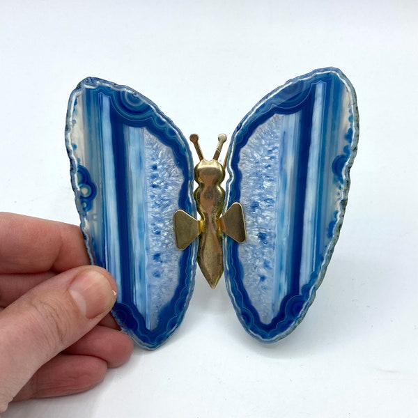 Vintage Blue Crystal Agate Slide Butterfly Figurine, Natural Rock Butterfly Figurine