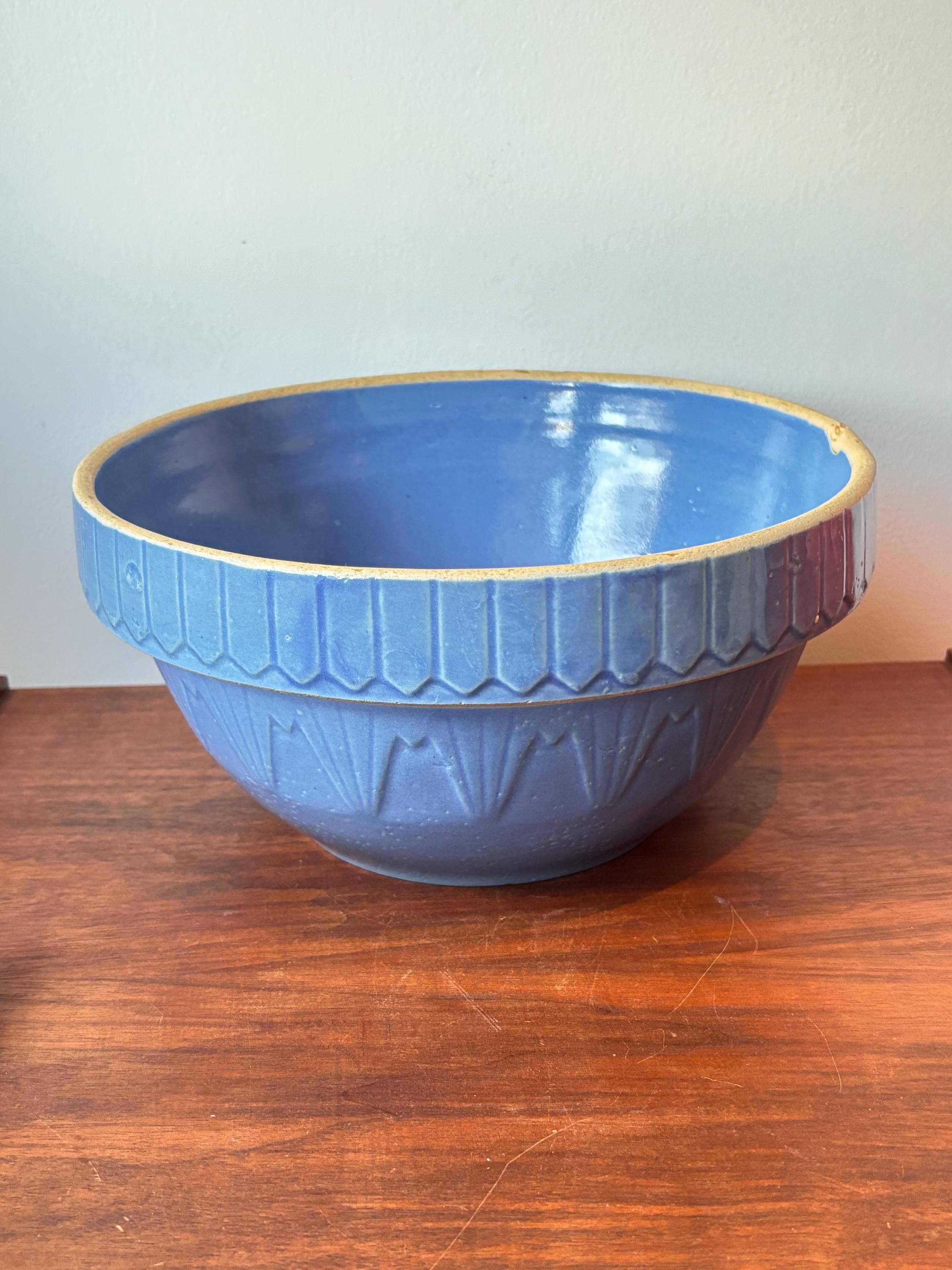 Rare Uhl Pottery Periwinkle Blue Stoneware Bowl: 1930s Picket
