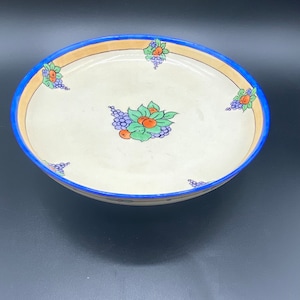 Raynaud Limoges France Hand-painted Footed Pedestal Plate with Grapes and Berries and Blue Rim, 1920’s Limoges France Art Deco