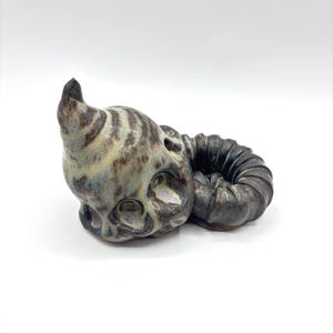 May include: A ceramic sculpture of a stylized skull with a horn, in shades of grey, brown, and green. The skull has hollow eye sockets and a textured surface. A coiled, tubular form extends from the skull.
