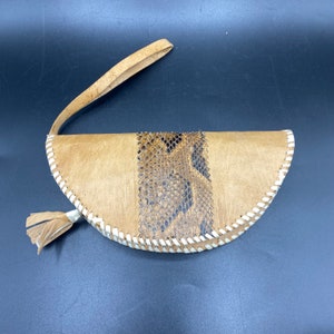 Vintage Artisan Made Hellbraune Leder Reisetasche Geldbörse mit Schwarz Schlangenhaut Design, Vintage Handgemachte Leder Handgelenk Brieftasche