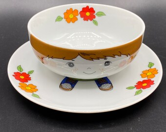 Vintage 2 Pc Little Boy Stacking Bowl Plate Porcelain Child’s Dish Set, Little Boy Child Dish Set (Missing Mug)