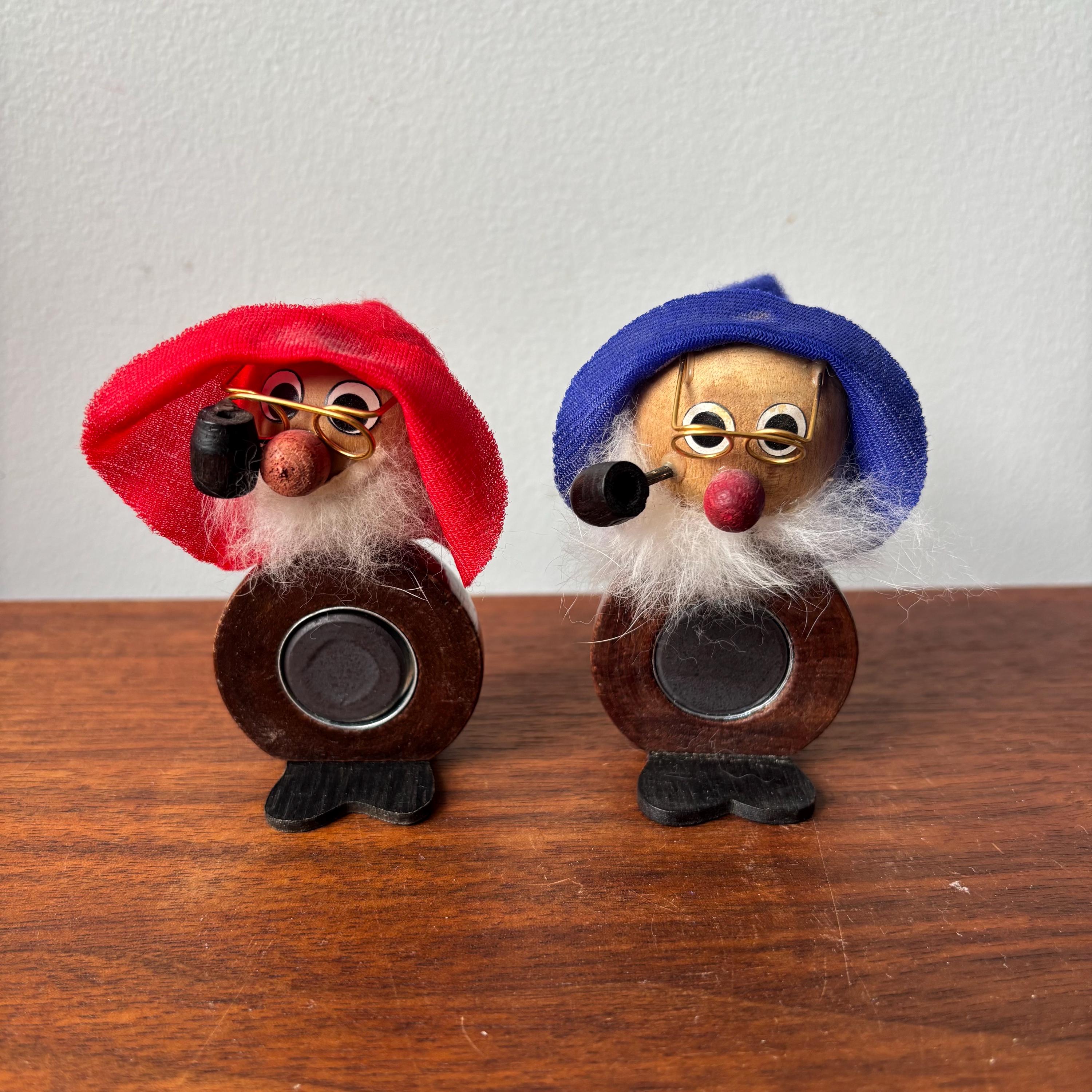 Vintage Wooden Gnome Red Hat Elf Troll With Pipe Wire Glasses Made