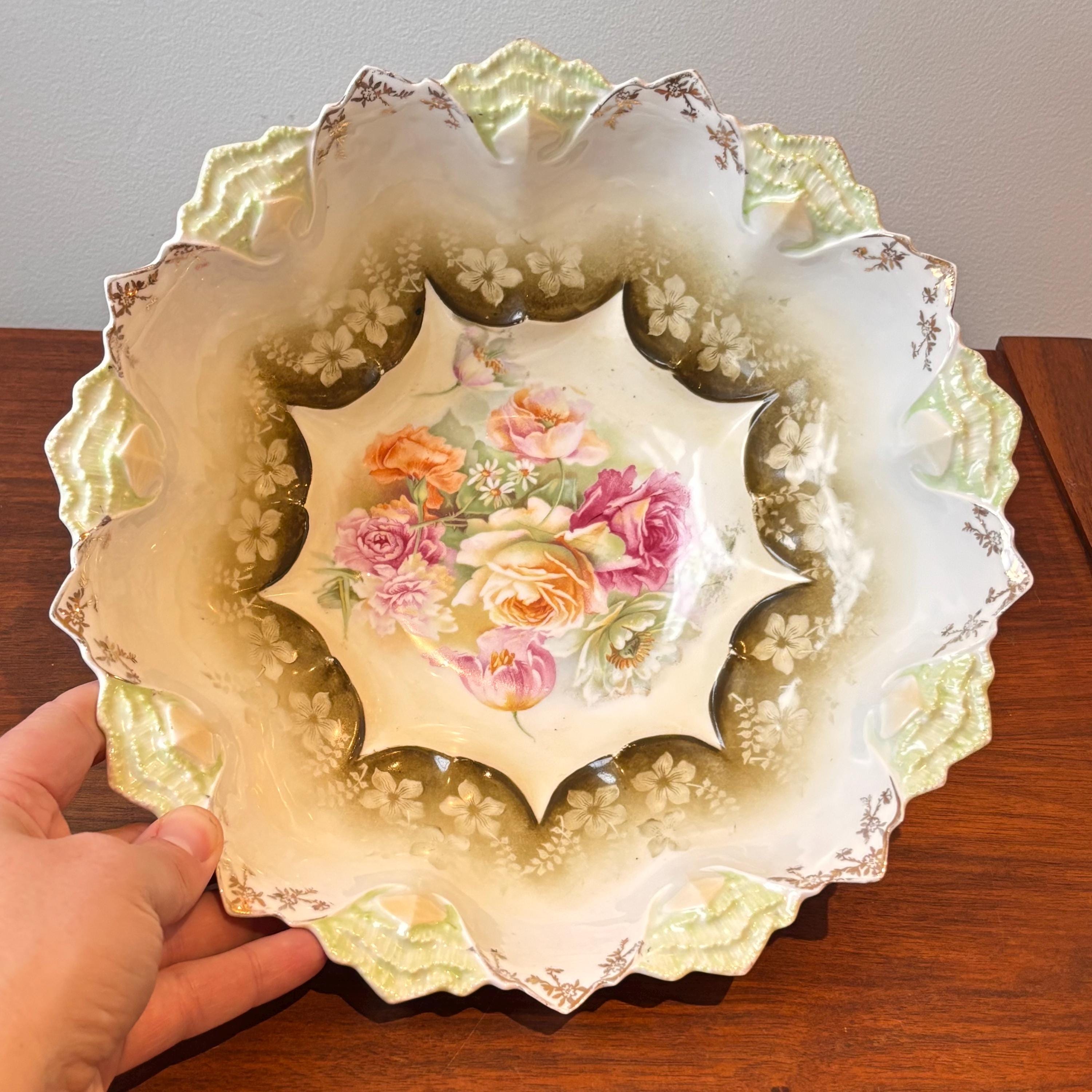 Vintage Art Nouveau Cabbage Rose Handpainted RS Prussia Bowl 10.5