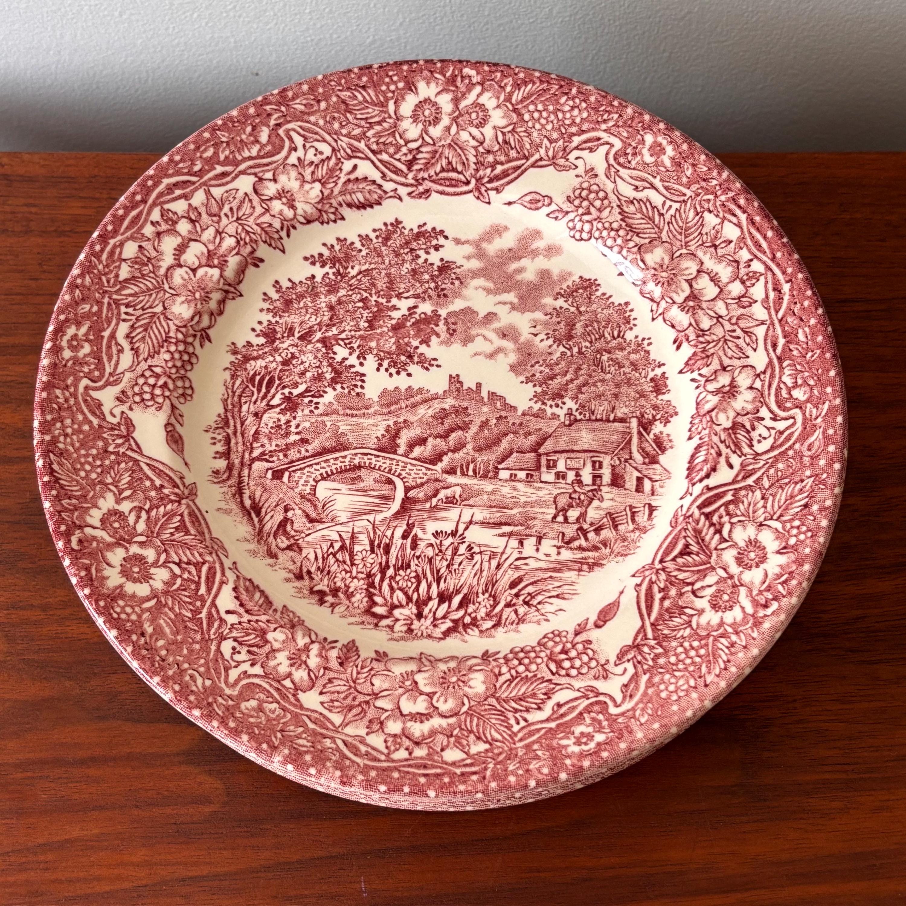 Vintage Englische Keramik Teller: Rotes Transferware Landhaus Szene, 6er Set